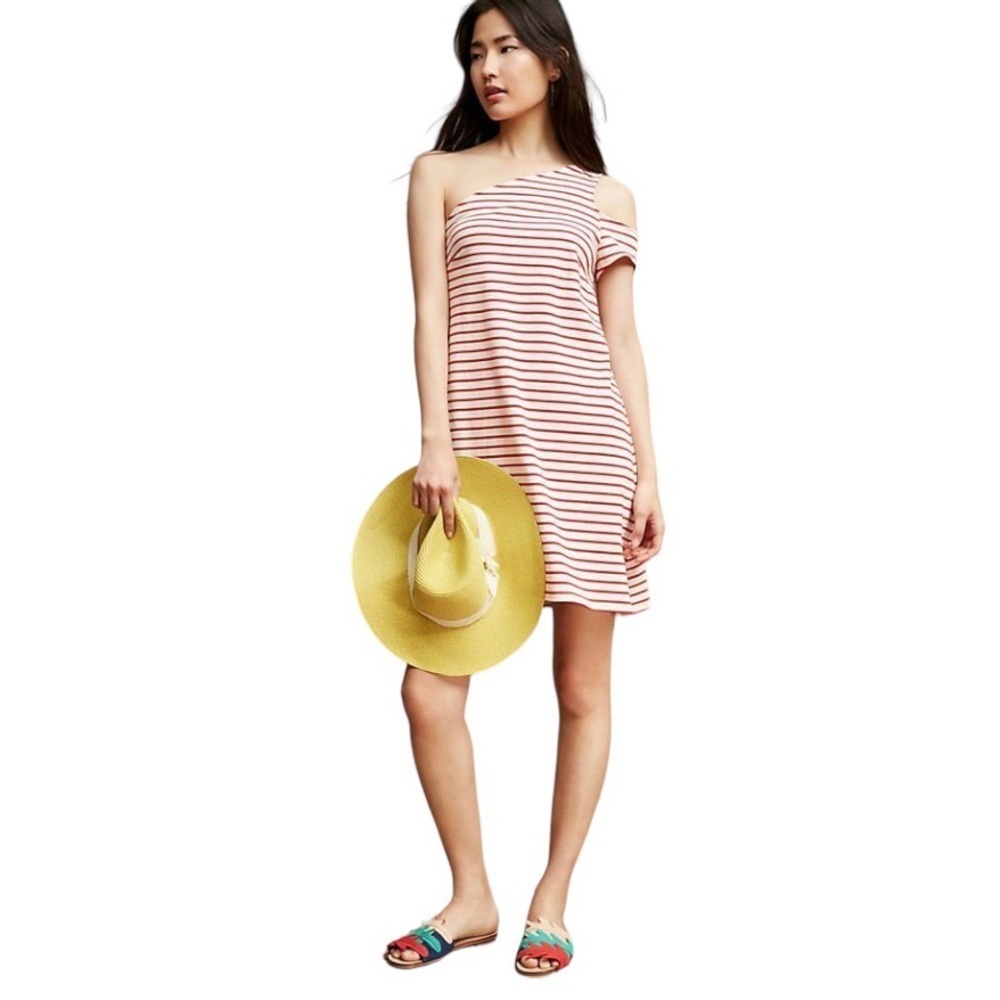 Maeve‎ One-Shoulder Dress Red Cream Striped A-Line Anthropologie Women’s Medium